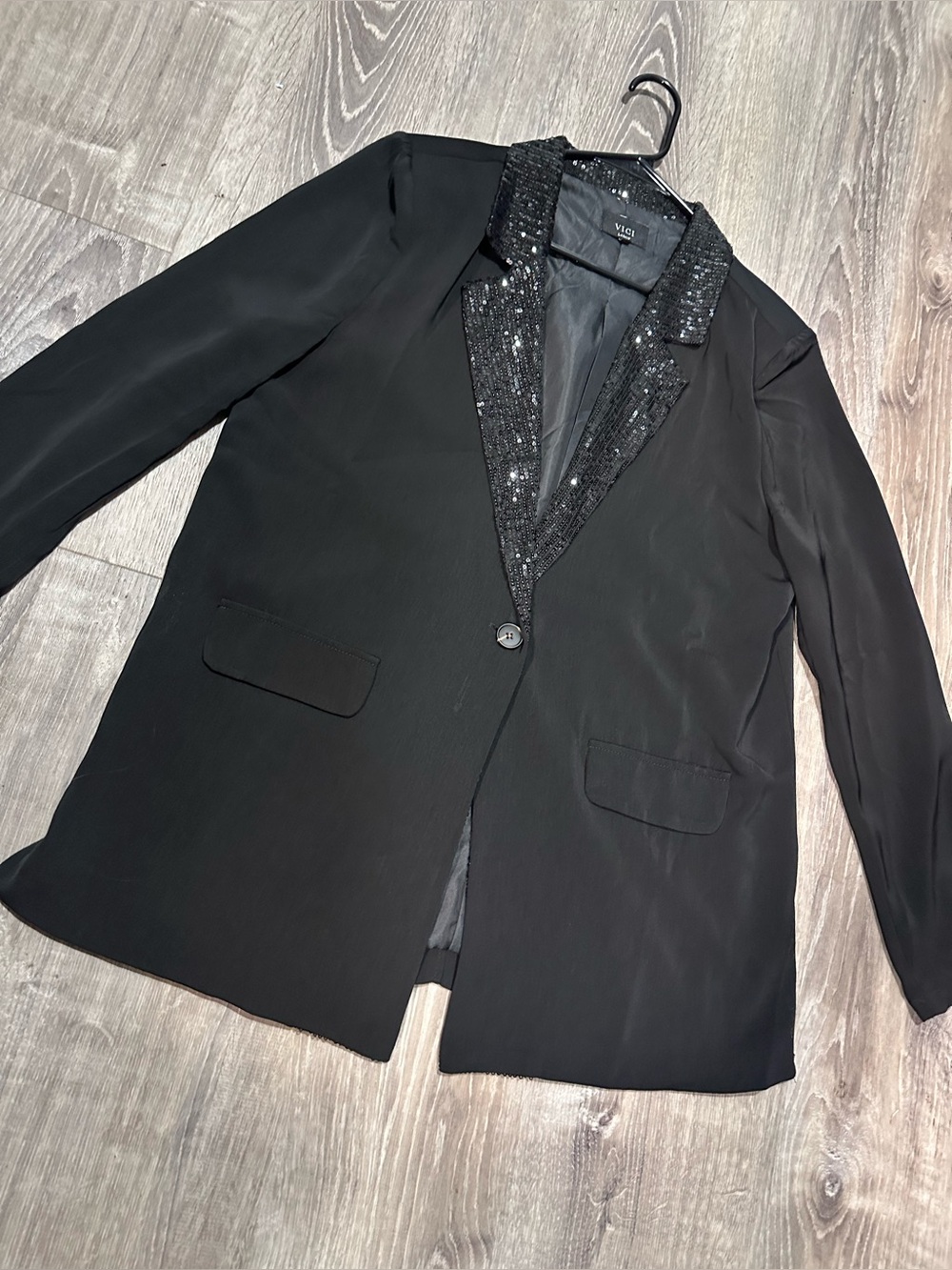 Vici Black Sequin Lapel Blazer